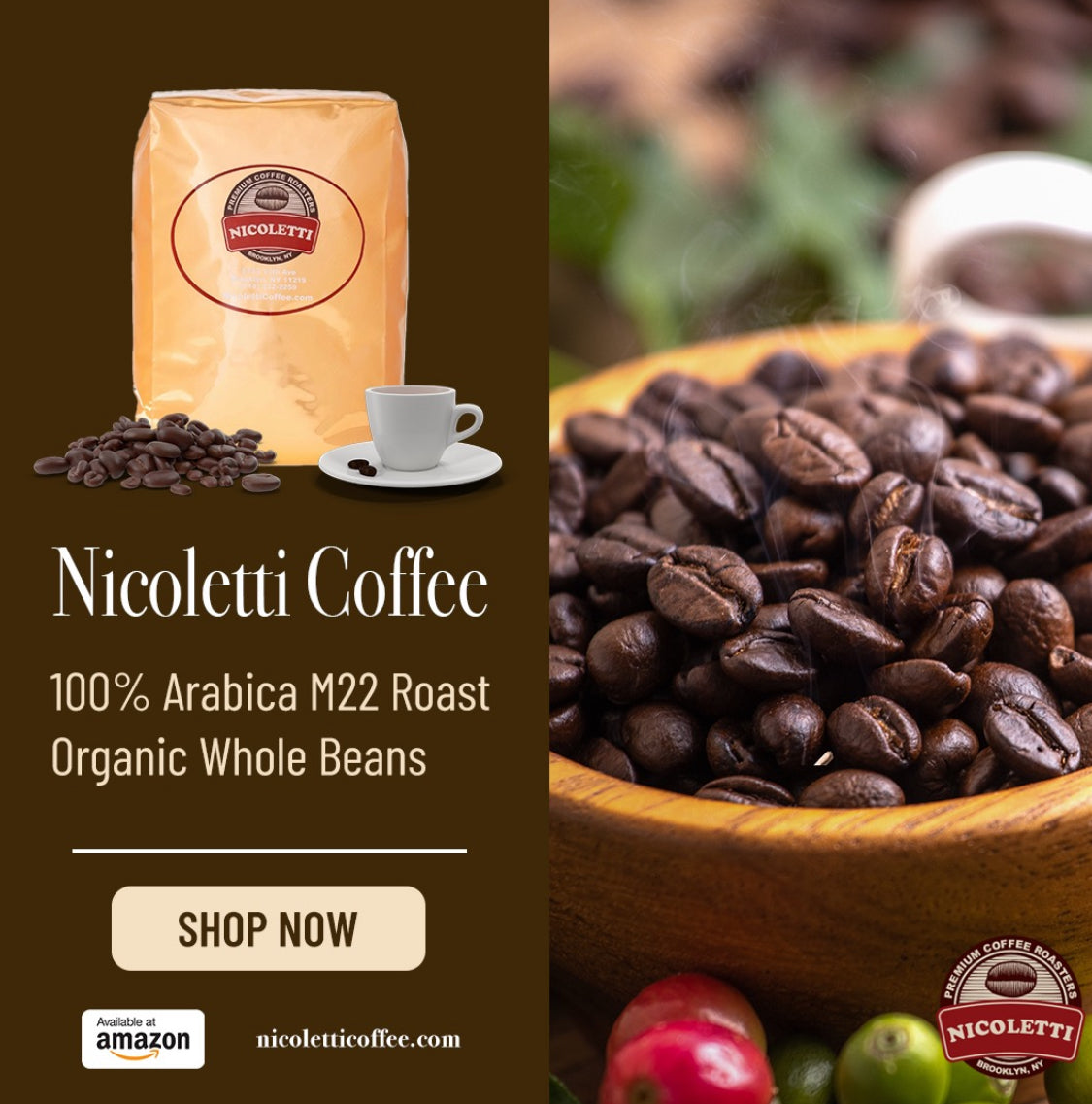 Nicoletti Coffee Espresso (100% Arabica M22 Roast) 2lb Organic Whole B