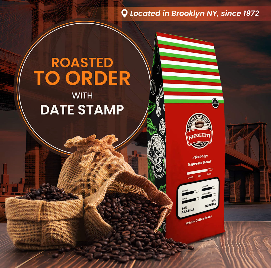 Nicoletti Coffee Espresso “Napoli Roast” 2lb Whole Beans (Made in Broo