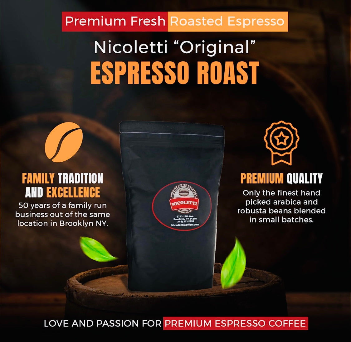 Nicoletti Coffee “Original” Espresso Roast 12oz Whole Beans (Made in B