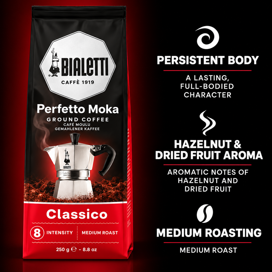 Bialetti Perfetto Moka Classico Ground Coffee, Medium Roast, Intensity 8, 6 Pack – 250g Each