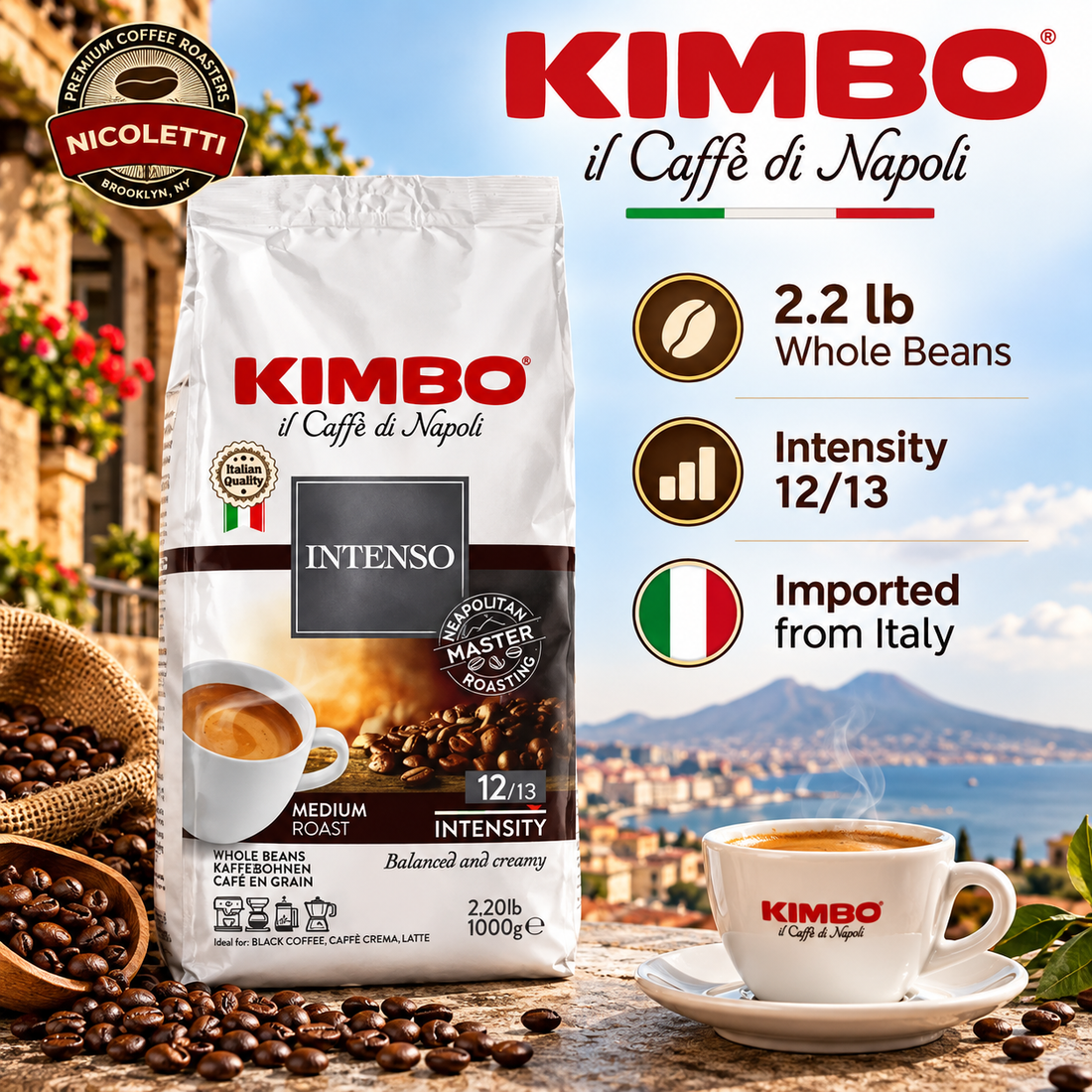 Kimbo Intenso Whole Bean Coffee – 2.2 lb (1 kg) | Medium Roast | Intensity 12/13 | Imported from Italy